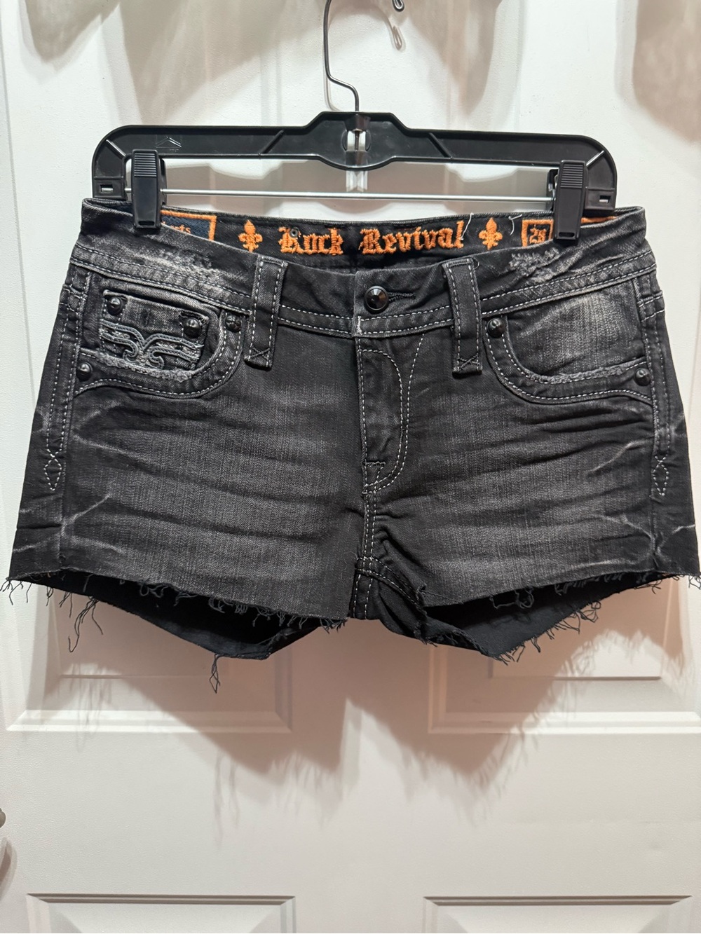 Rock Revival Black Distressed Frayed Jean Shorts Bling Crystals Metallic Detail